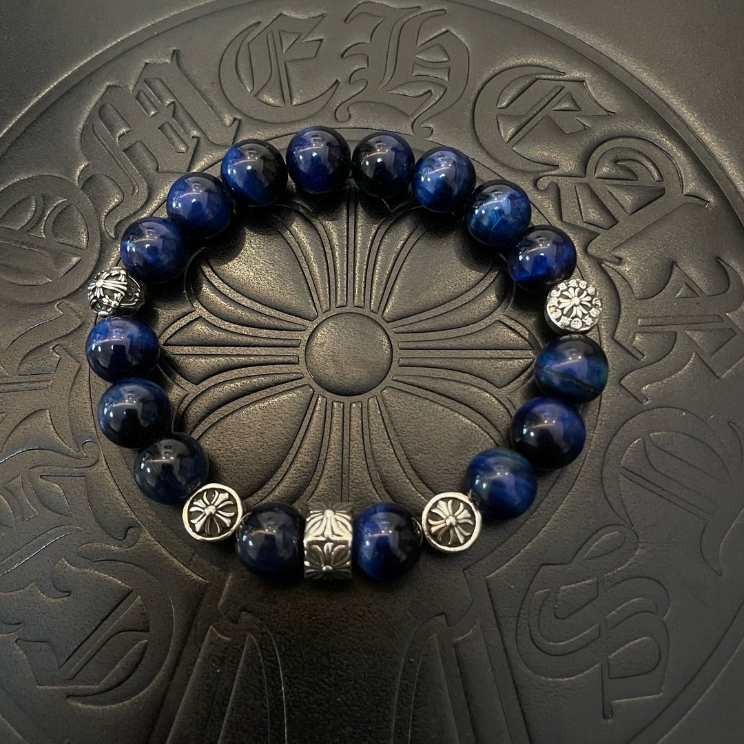Chrome Hearts 925 Silver Blue Gemstone Bead Bracelet with Engraved Accents