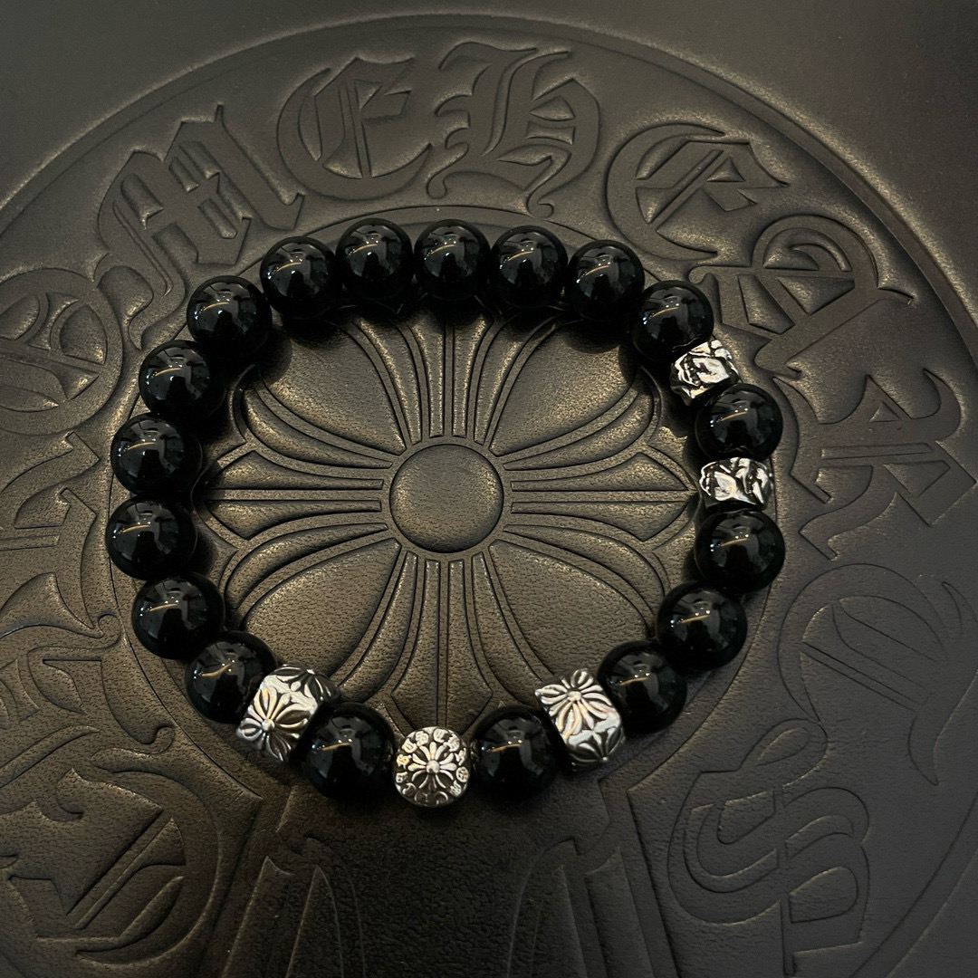 Chrome Hearts 925 Silver Floral - Engraved Black Bead Bracelet