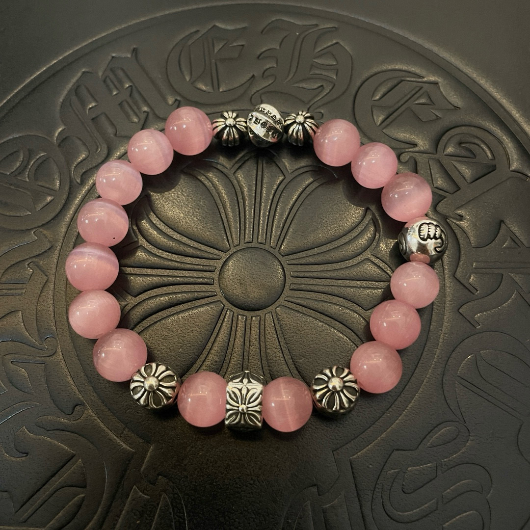 Chrome Hearts 925 Silver Rose Quartz Bead Bracelet