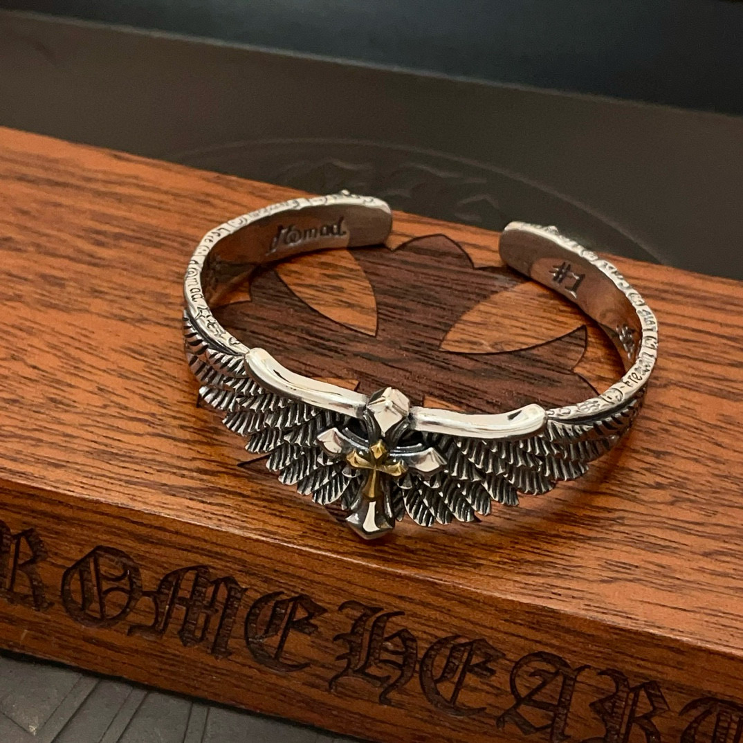 Chrome Hearts 925 Silver Wing & Cross Cuff Bracelet with Gold Accent
