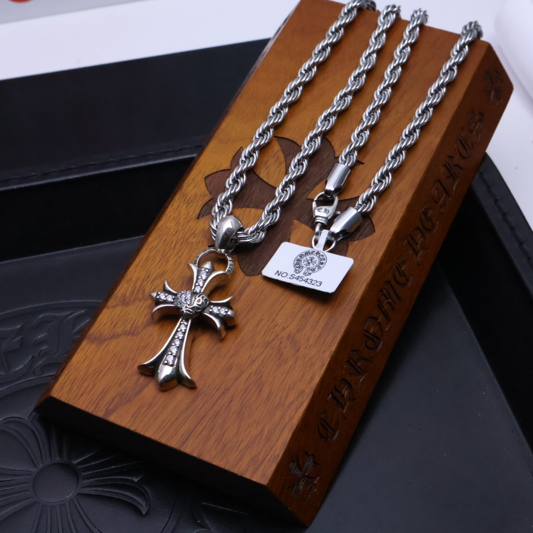 Chrome Hearts 925 Silver Diamond - Inlaid Cross Pendant Necklace