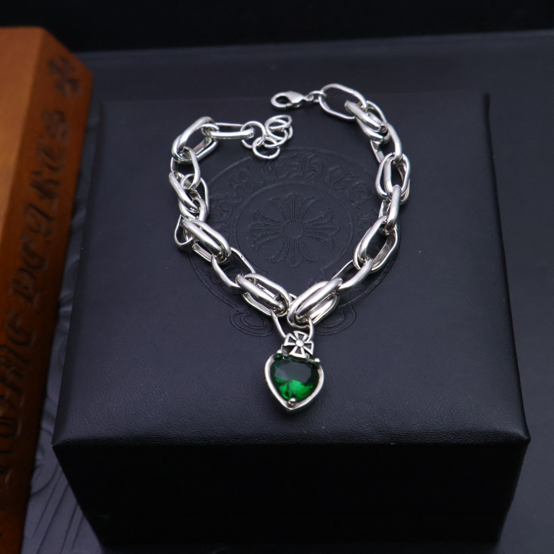 Chrome Hearts 925S Silver Heart - Shaped Green Gem Bracelet