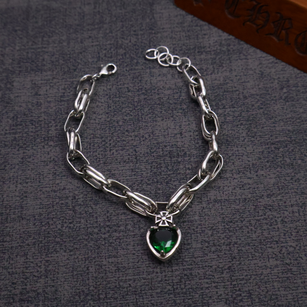 Chrome Hearts 925s Sterling Silver Green Gem - Inlaid Heart - Shaped Bracelet