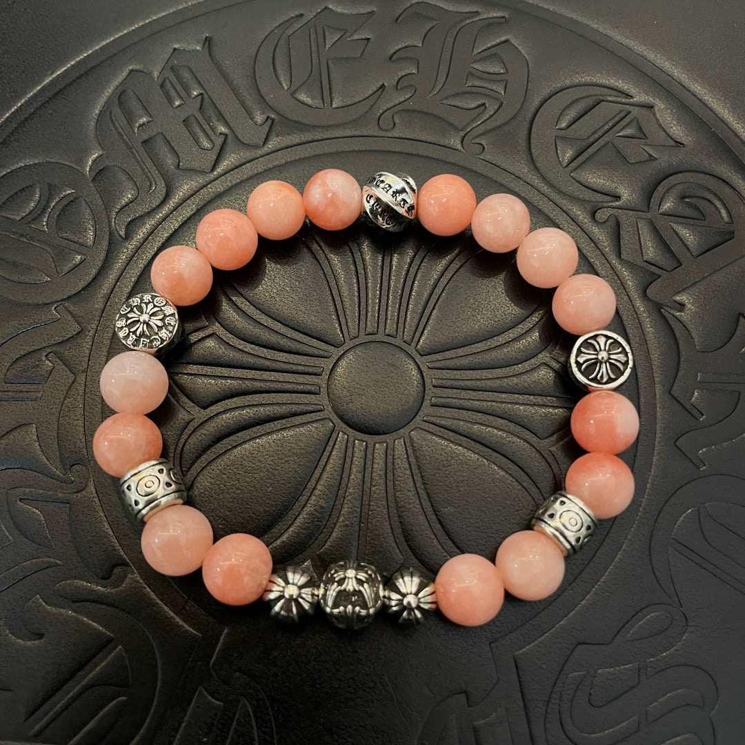 Chrome Hearts 925S Silver - Accented ed Peach - Colored Gemstone Bead Bracelet CH - SAPGB398