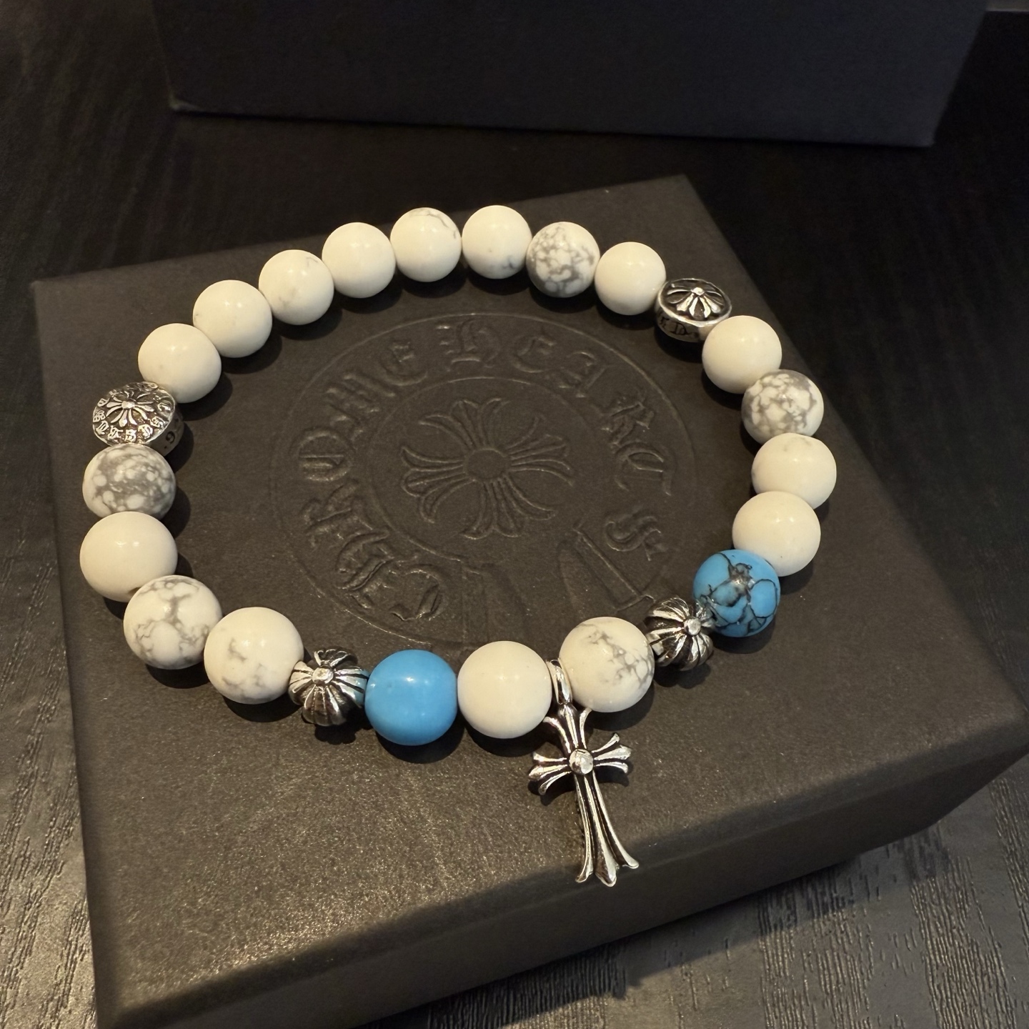 Chrome Hearts 925S Silver - Accented Multi - Gem Bead Bracelet with Cross Charm CH - SAMBCC396