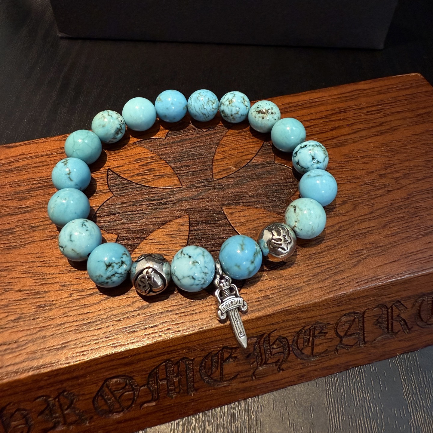 Chrome Hearts 925S Silver - Accented Turquoise Bead Bracelet with Sword Charm CH - SATBSC392