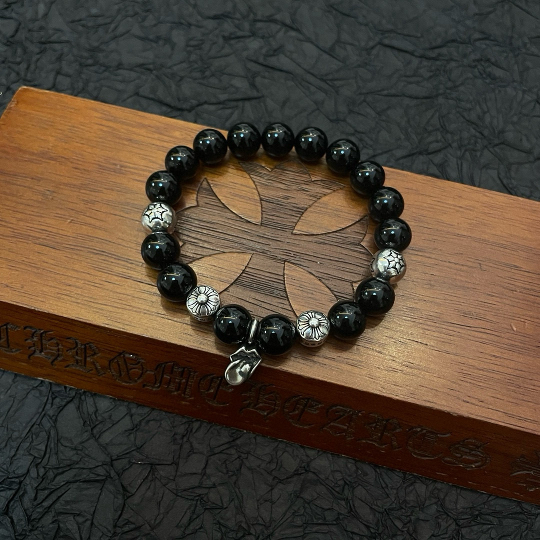 Chrome Hearts 925S Silver - Accented Onyx Bead Bracelet with Tongue Charm CH - SAOBTC382