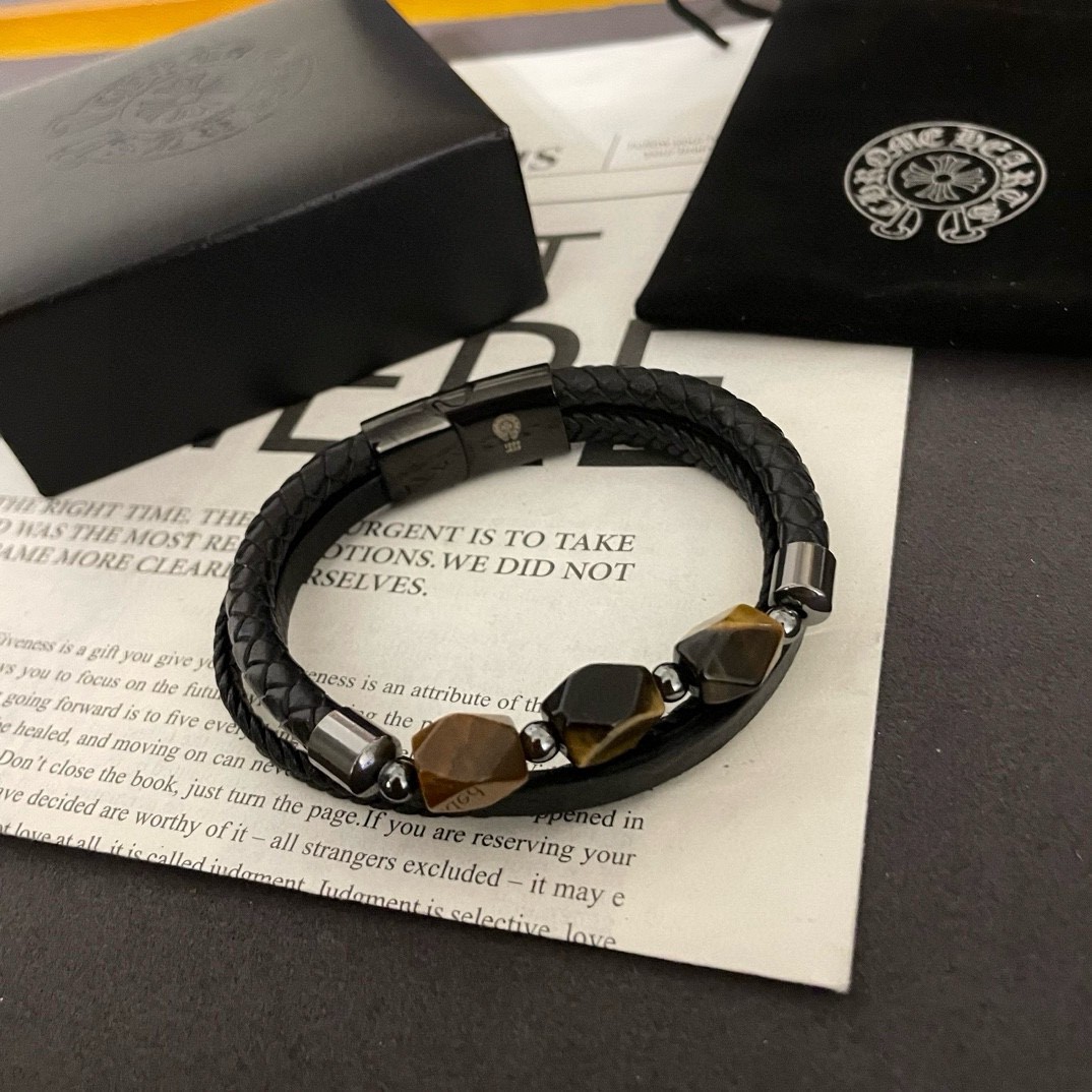 Chrome Hearts 925S Silver - Accented Multi - Gem Braided Leather Bracelet CH - SAMGBLB367