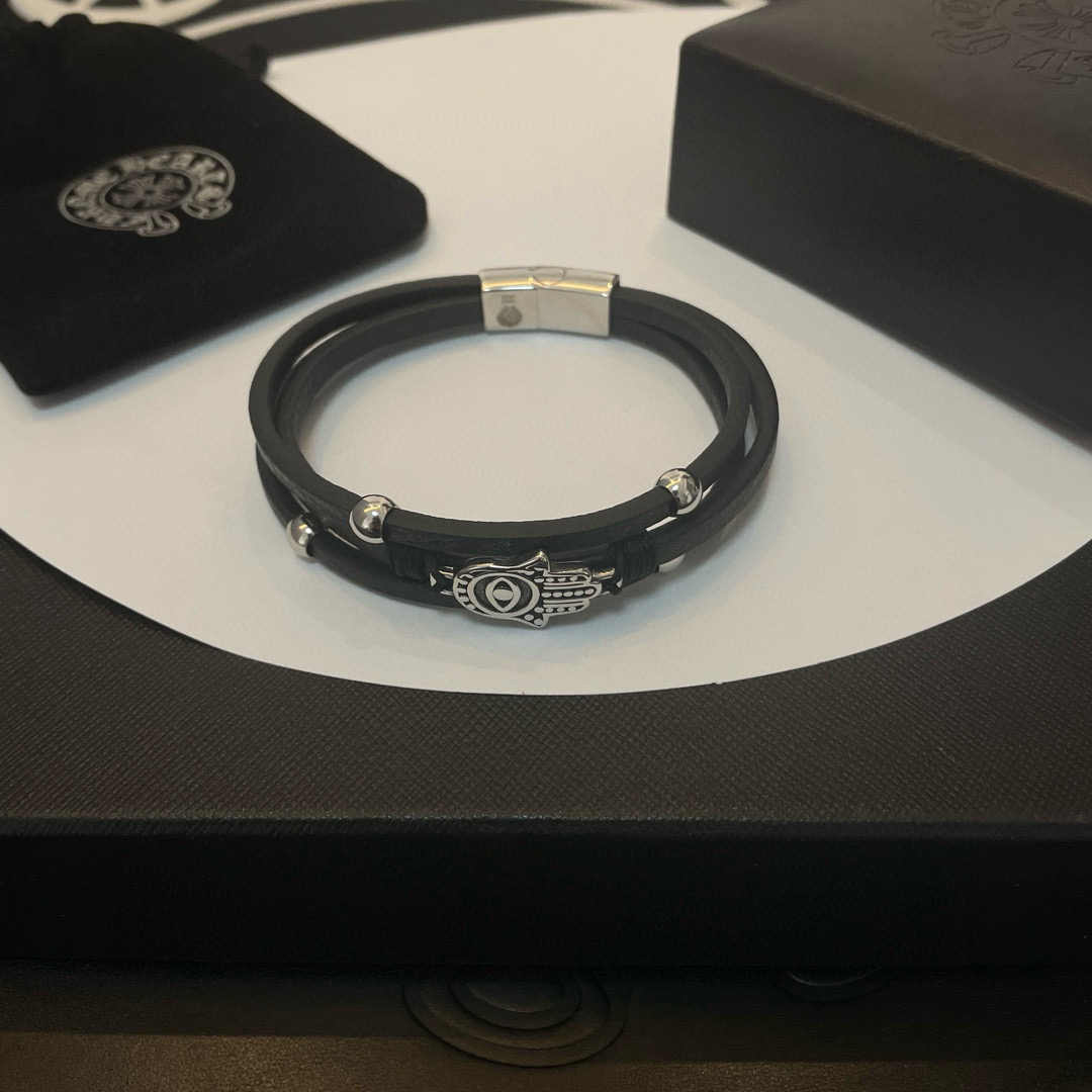 Chrome Hearts 925S Silver Hamsa - Motif Leather Bracelet CH - SHMLB357