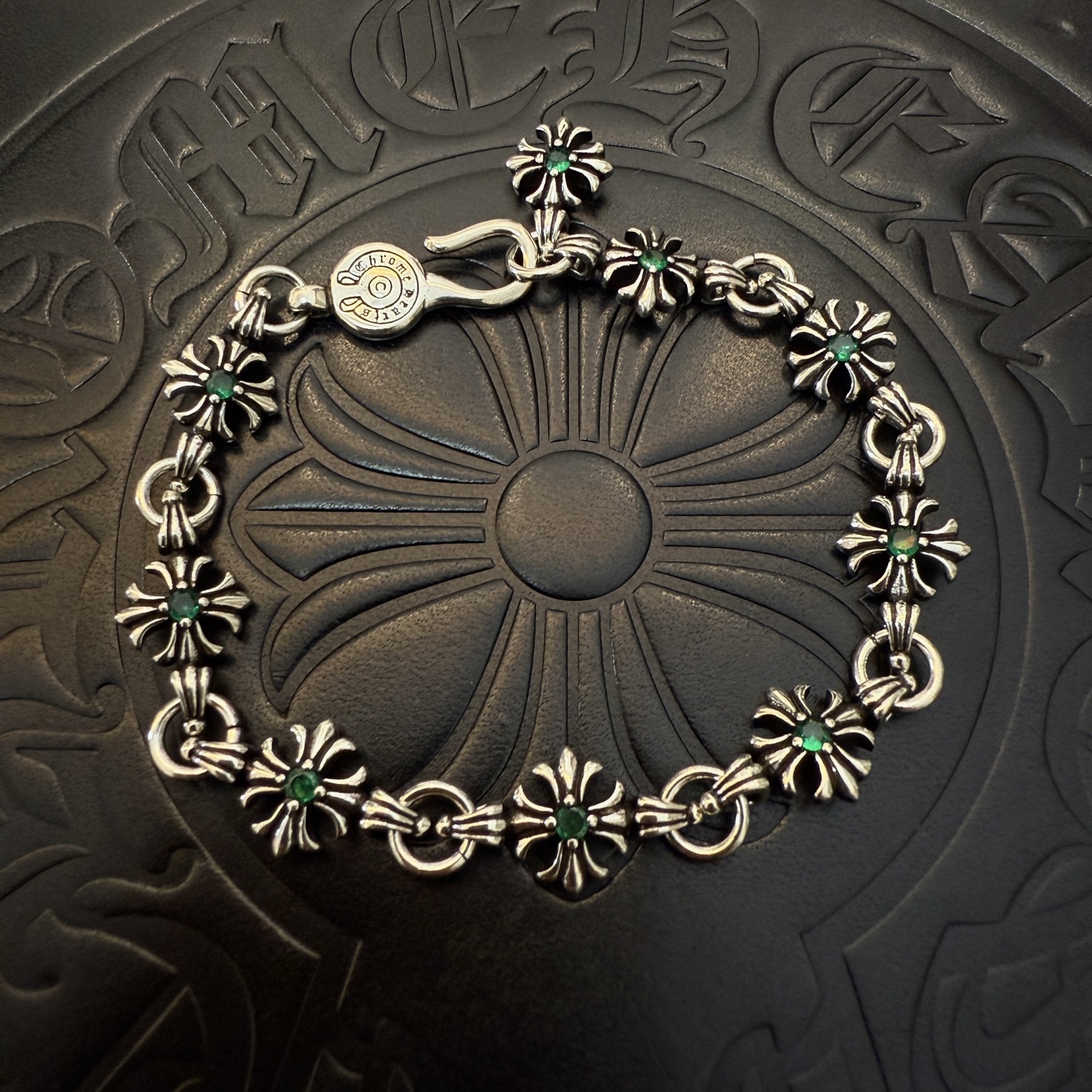 Chrome Hearts 925S Silver Cross - Motif Green Gem Bracelet CH - SCMGGB352