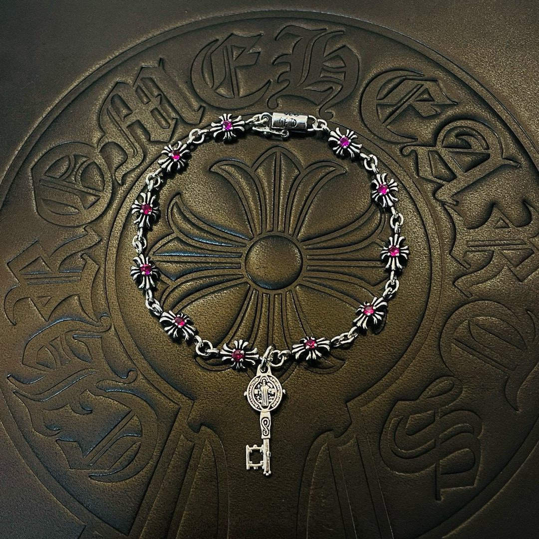 Chrome Hearts 925S Silver Cross - Pink Gem & Key - Charm Bracelet CH - SCPG KCB334