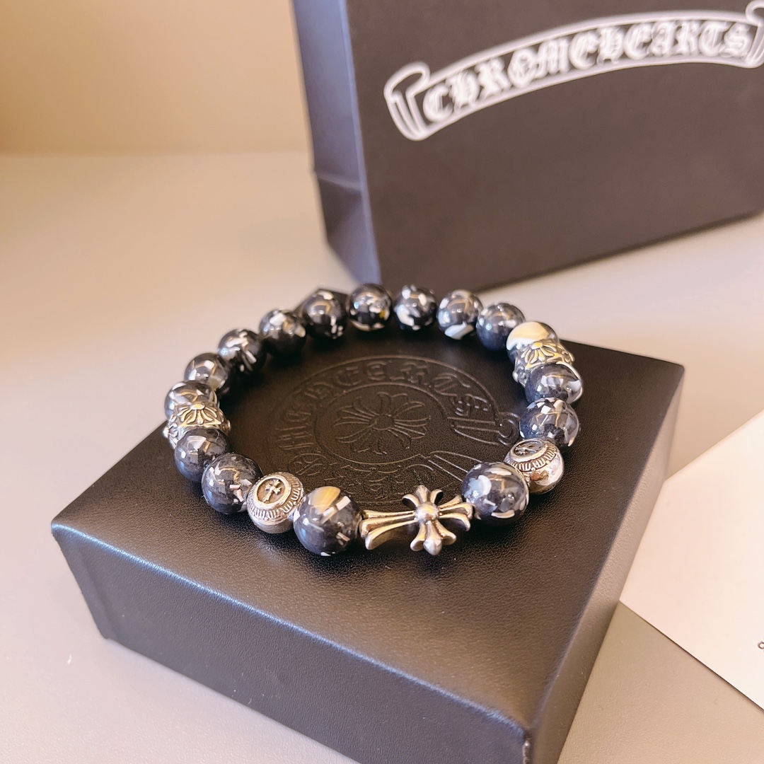 Chrome Hearts Black & Silver Beaded Bracelet with Cross & Metal Accents CH - BSBBMA311