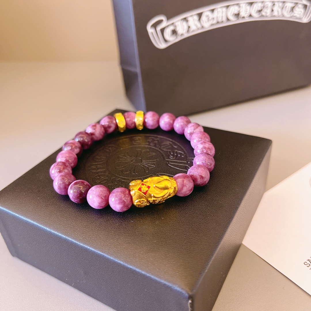 Chrome Hearts Pink Gemstone Beaded Bracelet with Gold - Tone Accents CH - PGBGA303
