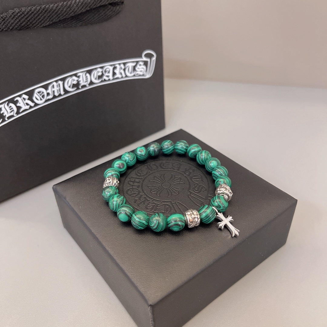 Chrome Hearts Malachite Beaded Bracelet with Cross & Metal Accents CH - MBBMA300