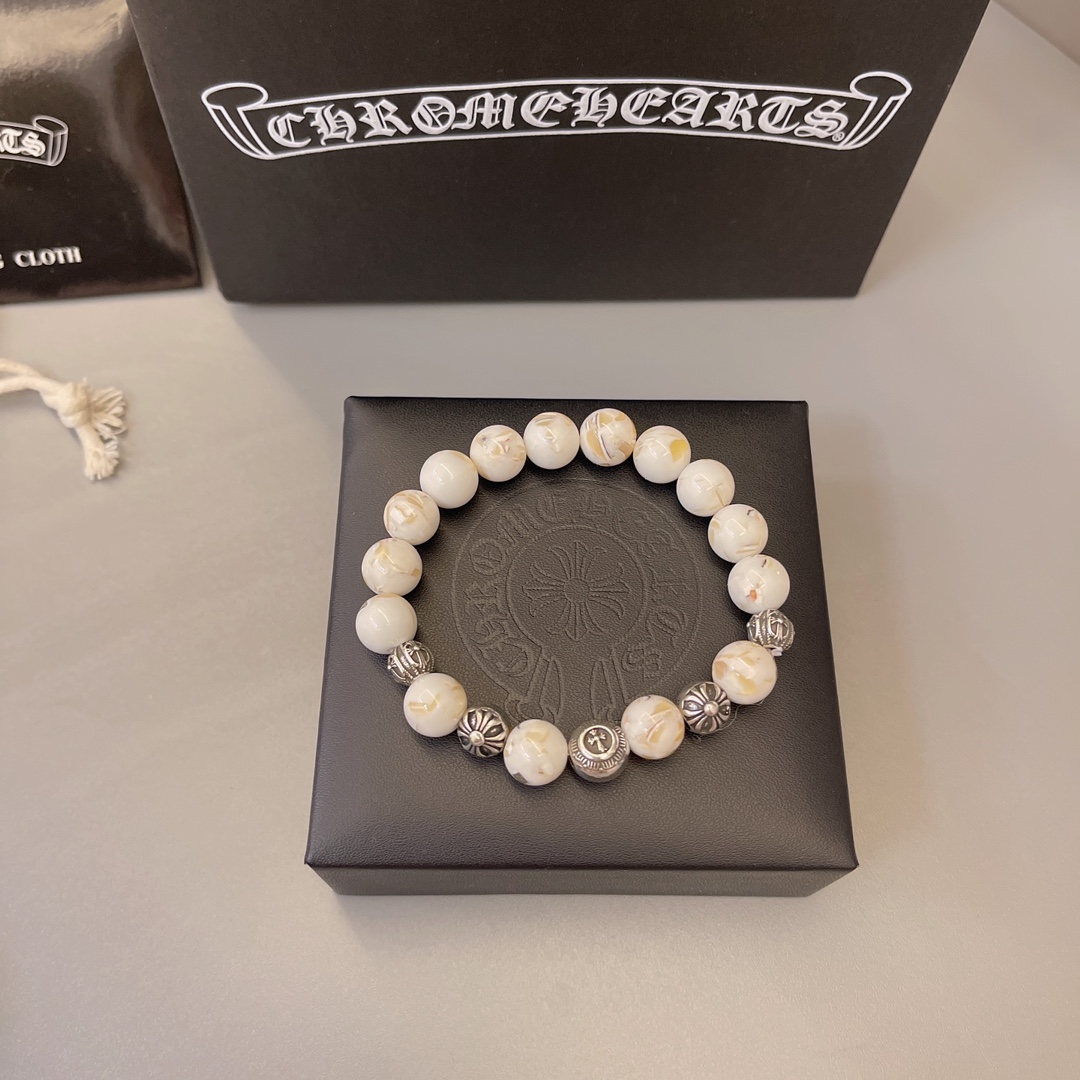 Chrome Hearts White Gemstone Beaded Bracelet with Metal Accents CH - WGBMA297