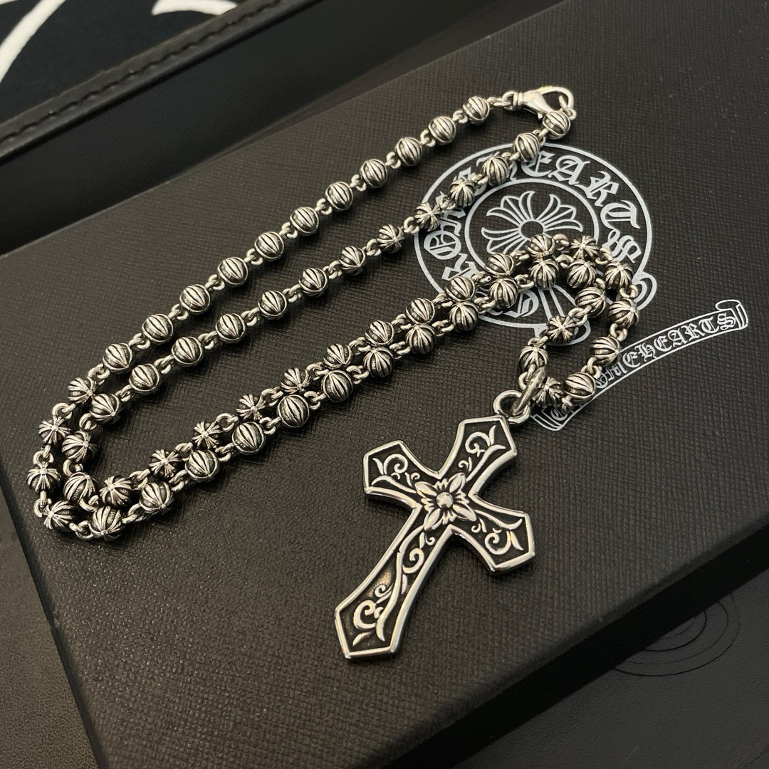 Chrome Hearts Ornate Bead Chain & Cross Pendant Necklace CH - OBCPCN257