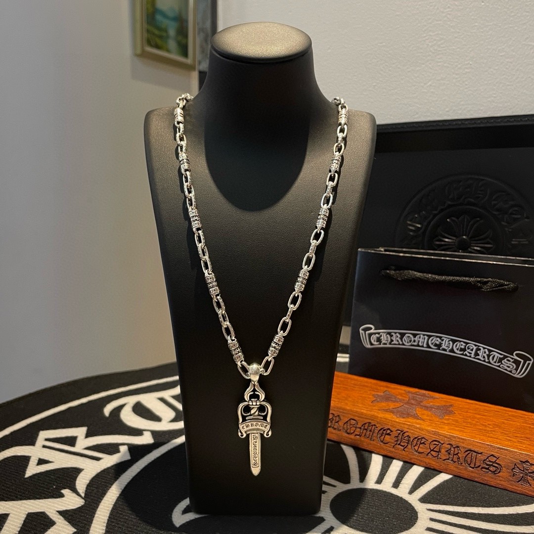 Chrome Hearts Sword - Shaped Pendant Necklace - Engraved Silver - Tone Chain CH - SSPN251