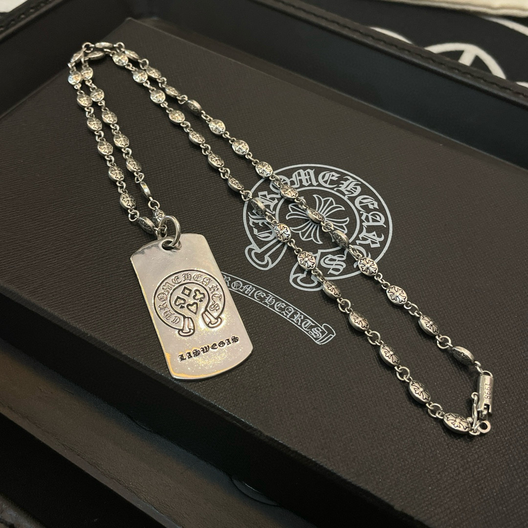 Chrome Hearts Engraved Dog Tag Pendant Necklace - Silver - Tone Chain CH - EDTPN249