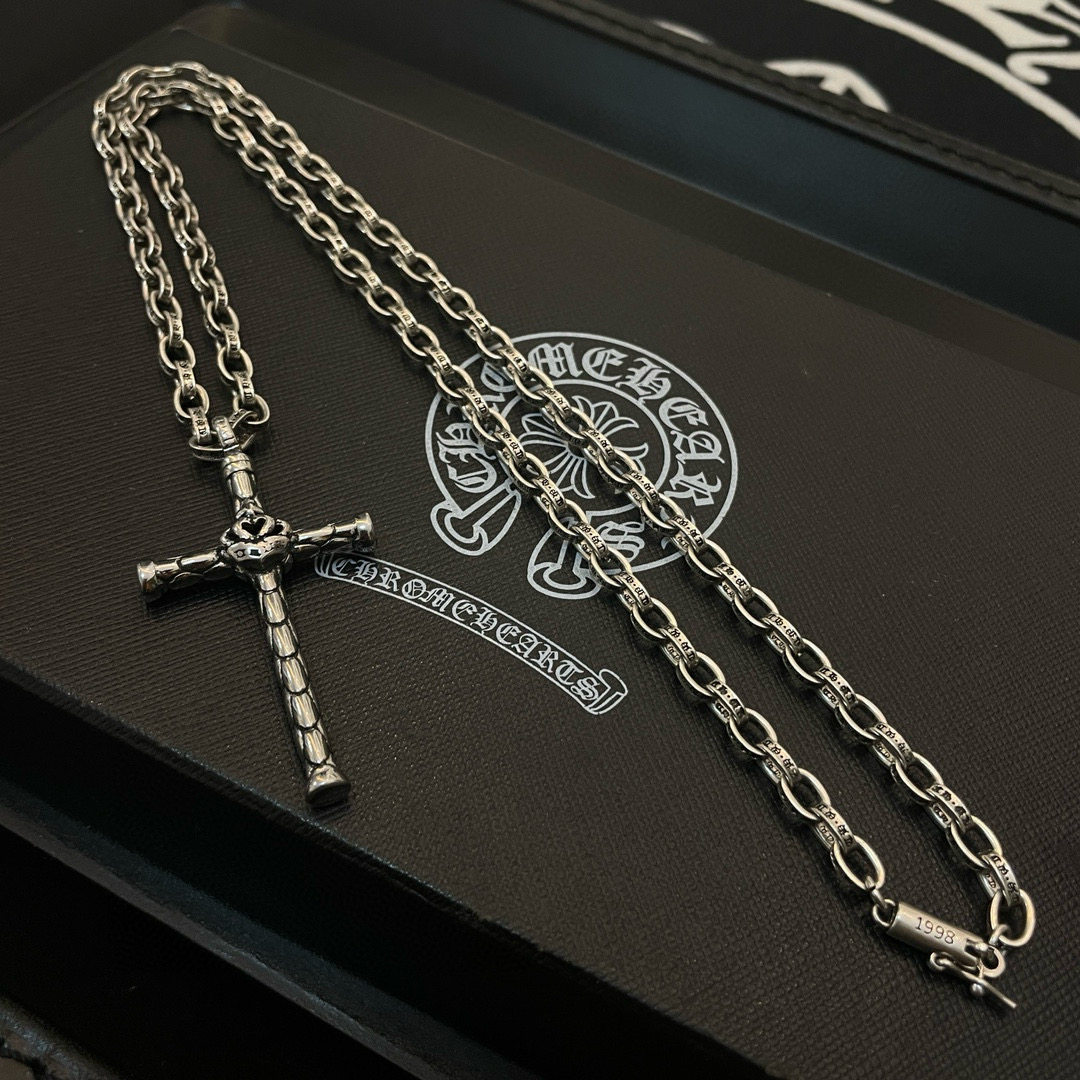 Chrome Hearts Engraved Chain & Textured Cross Pendant Necklace CH - EC TCPN242