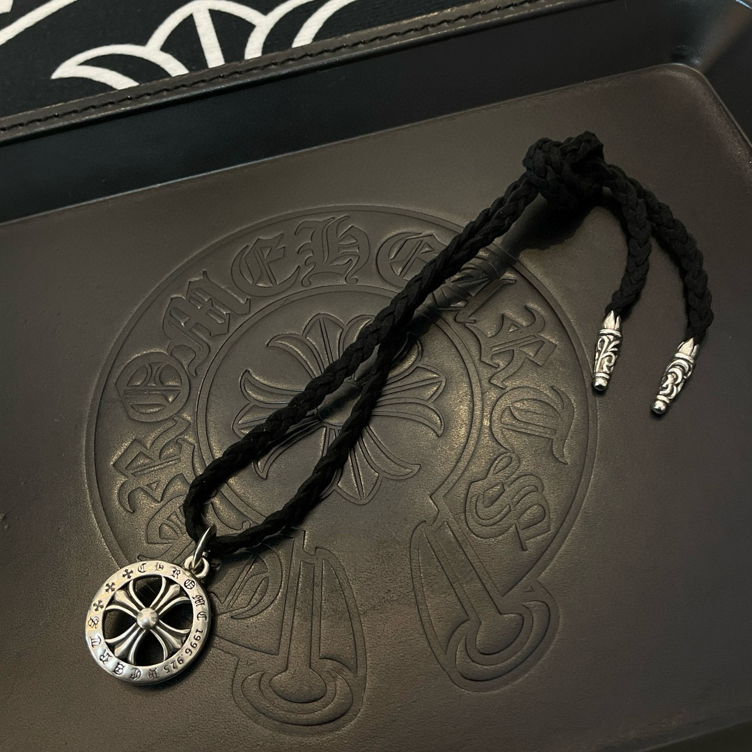 Chrome Hearts Engraved Medallion Pendant Necklace - Braided Cord Chain CH - EMPN236