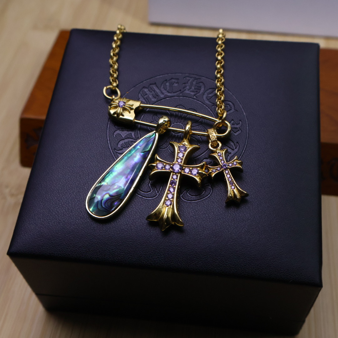 Chrome Hearts Safety Pin - Style Multi - Charm Gold - Tone Necklace CH - SPMCGTN228
