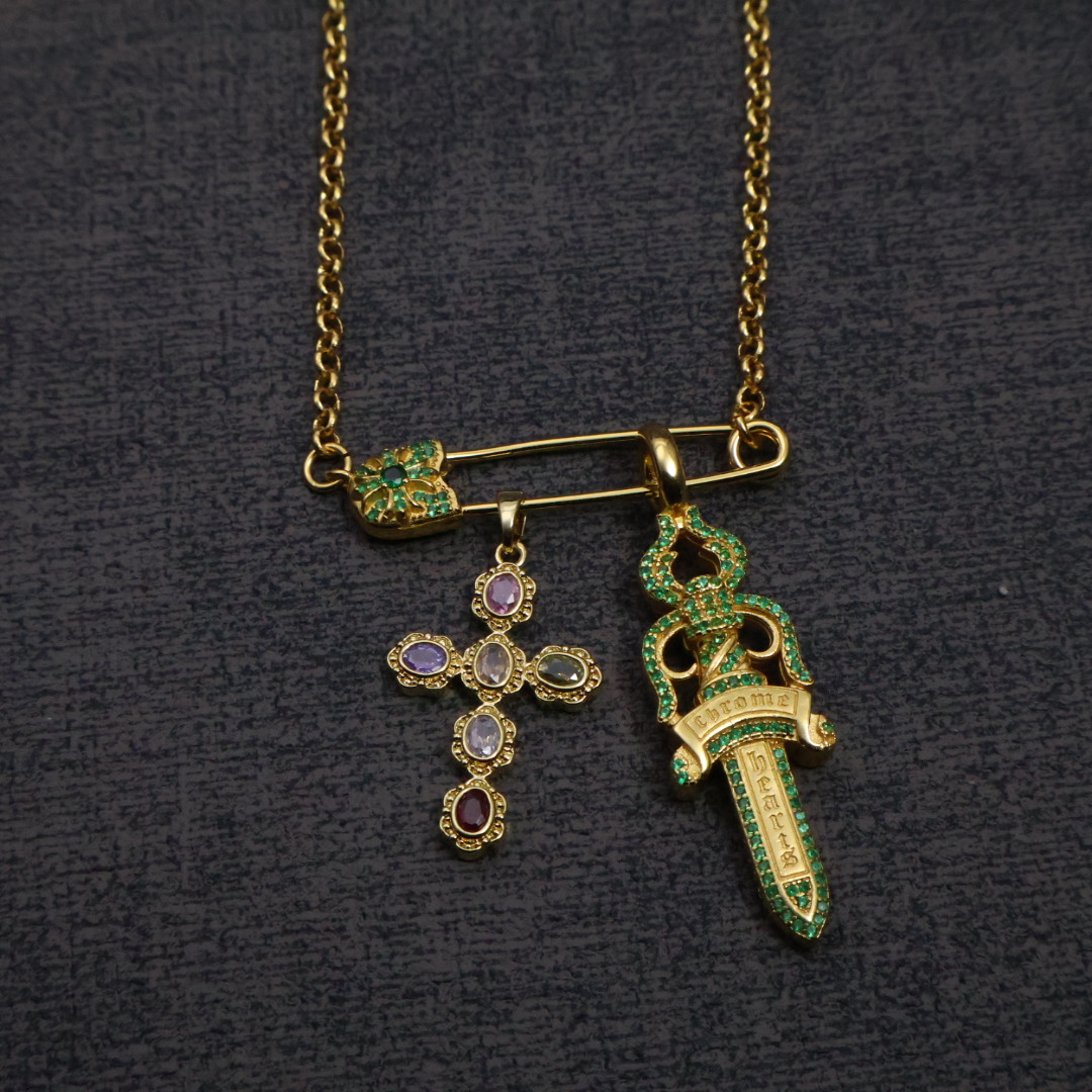 Gucci Safety Pin - Style Multi - Charm Pendant Necklace - Gold - Tone with Gemstones CH - GSPMCPN221