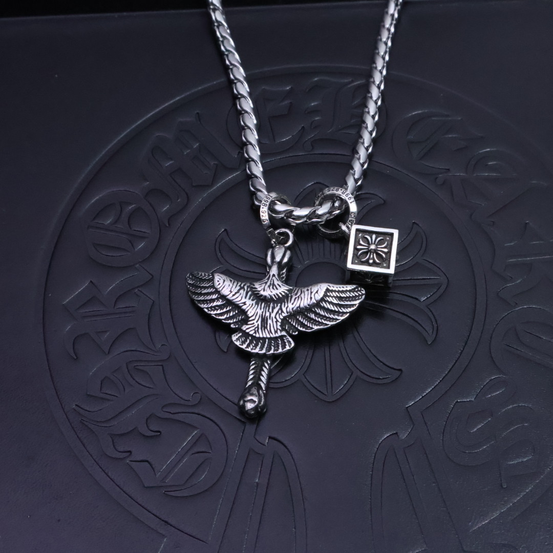 Chrome Hearts Eagle & Engraved Cube Pendant Necklace - 925S Silver Chain CH - EECPN220