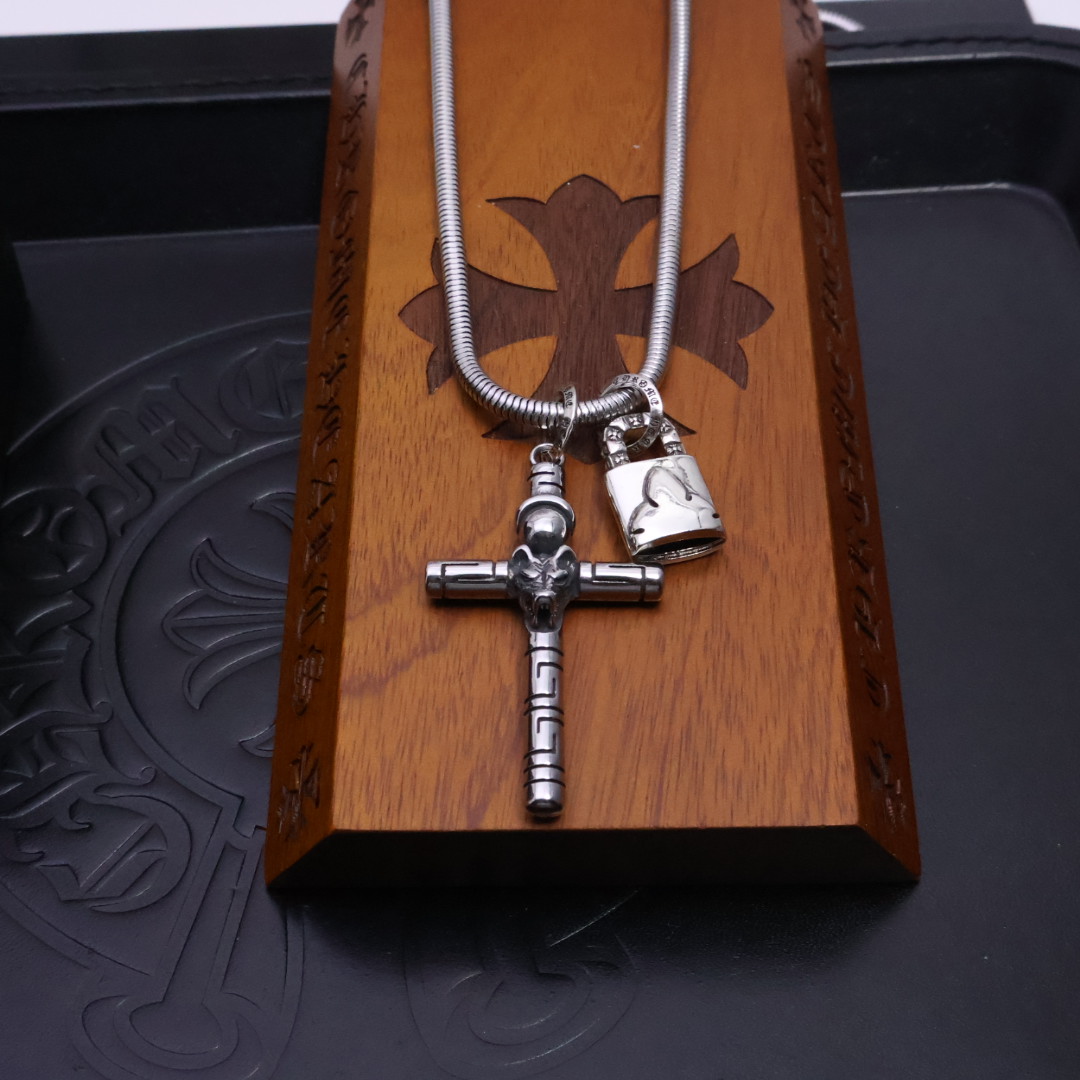 Chrome Hearts Cross & Lock Dual - Charm Pendant Necklace - 925S Silver Chain CH - CLDCPN217