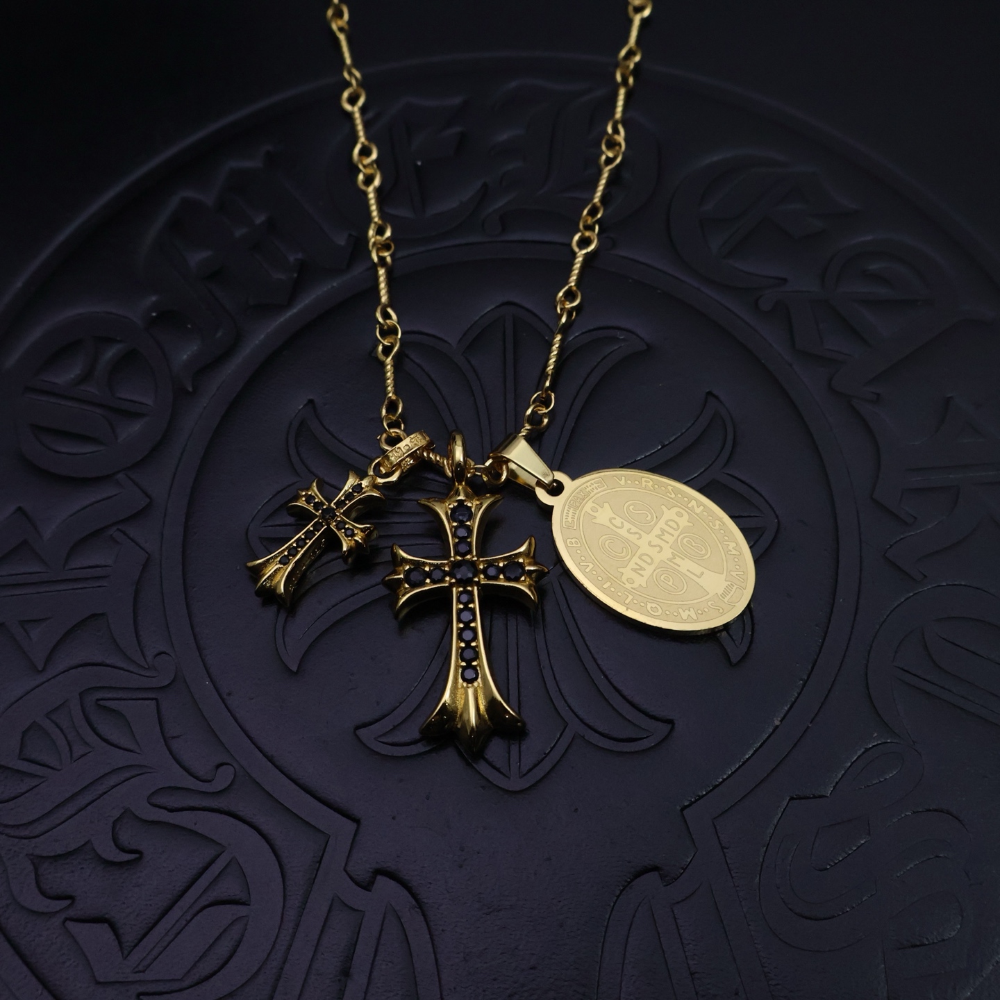 Chrome Hearts Multi - Charm Gold - Tone Pendant Necklace - Double Cross & Medallion CH - MCGPN209