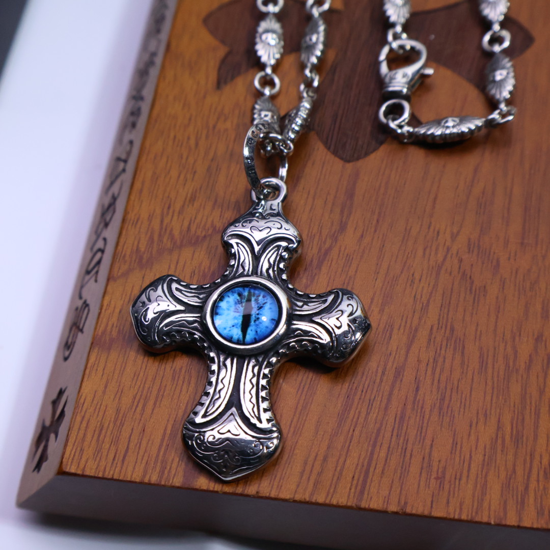 Chrome Hearts Cross with Blue Eye Pendant Necklace - 925 Silver Chain CH - CBEPN193