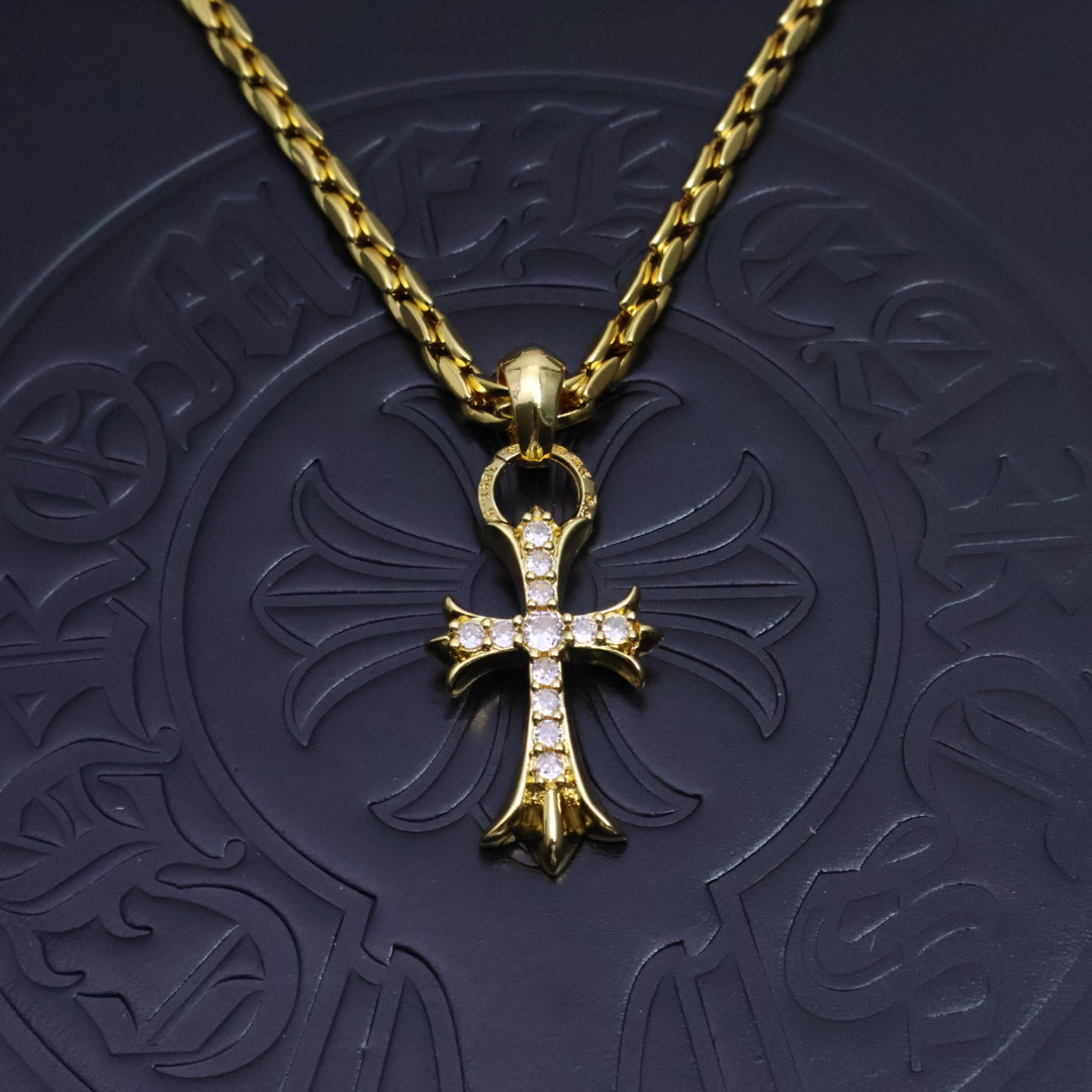 Chrome Hearts Diamond - Inlaid Cross Pendant Necklace - Gold - Tone Chain CH - DICPN169
