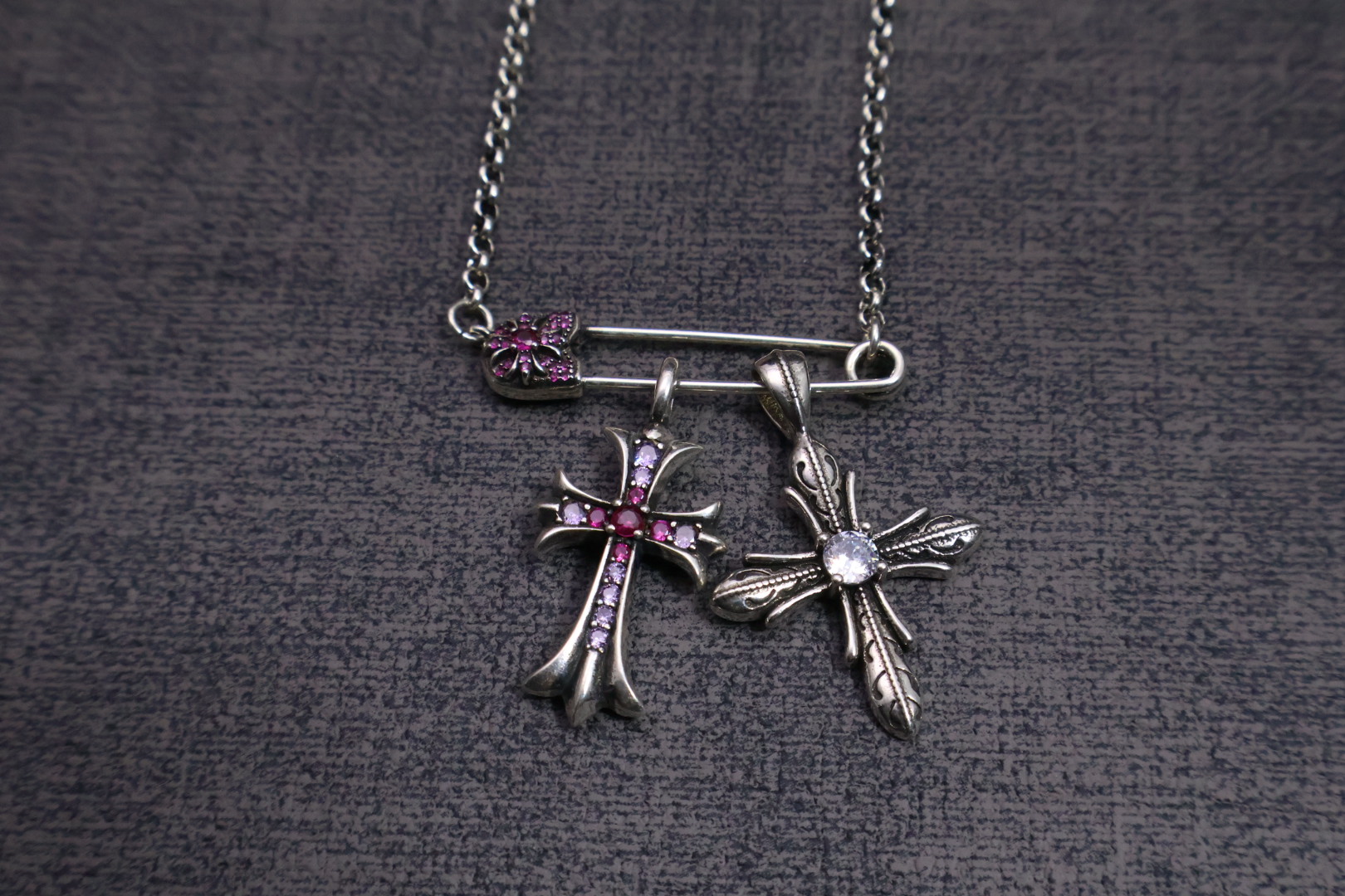 Chrome Hearts Safety Pin & Double Cross Pendant Necklace - Silver - Tone Chain with Gem Inlays CH - SPDCPN147