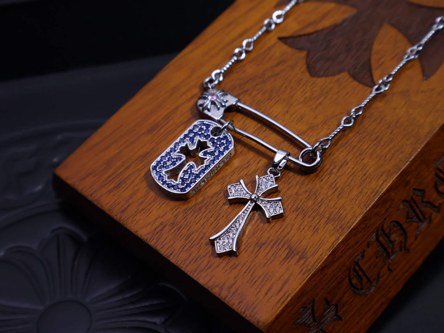 Chrome Hearts Safety Pin & Dual - Charm Pendant Necklace - Silver - Tone Chain with Gem Inlays CH - SPDCPN146