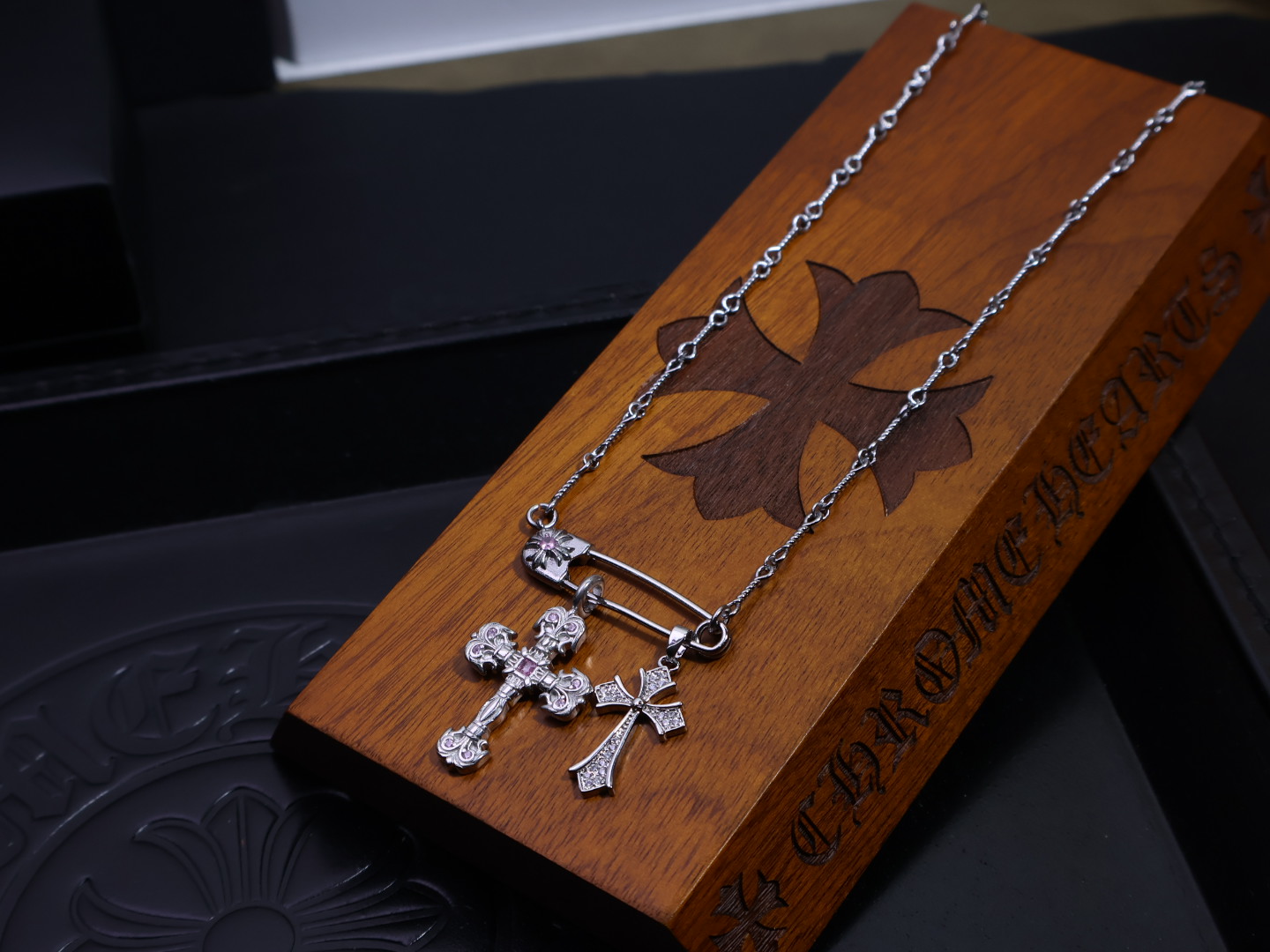 Chrome Hearts Safety Pin & Double Cross Pendant Necklace - Silver - Tone Chain with Gem & Diamond Inlays CH - SPDCPN145