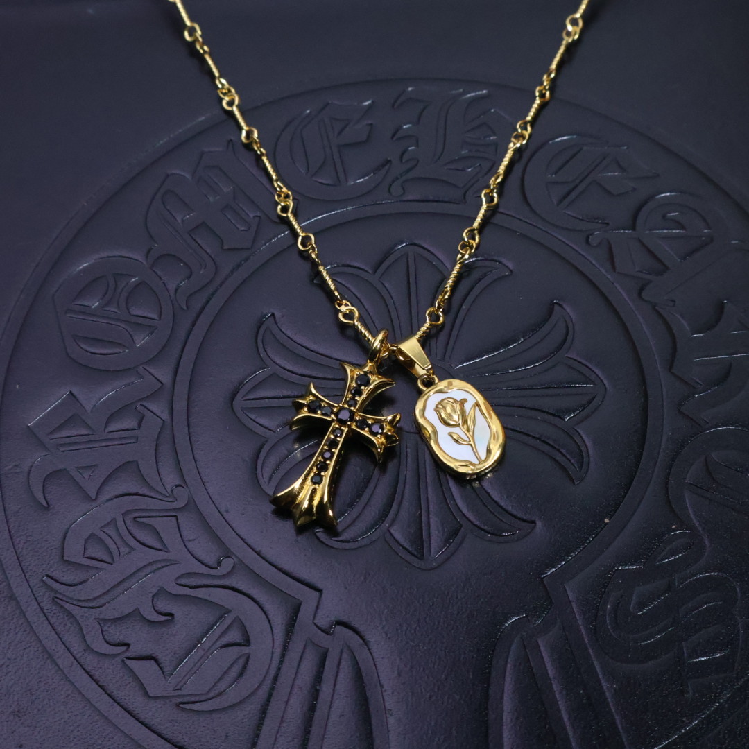 Chrome Hearts Cross & Rose - Engraved Pendant Necklace - Gold - Tone Chain with Gem & Enamel Inlays CH - CRPN140