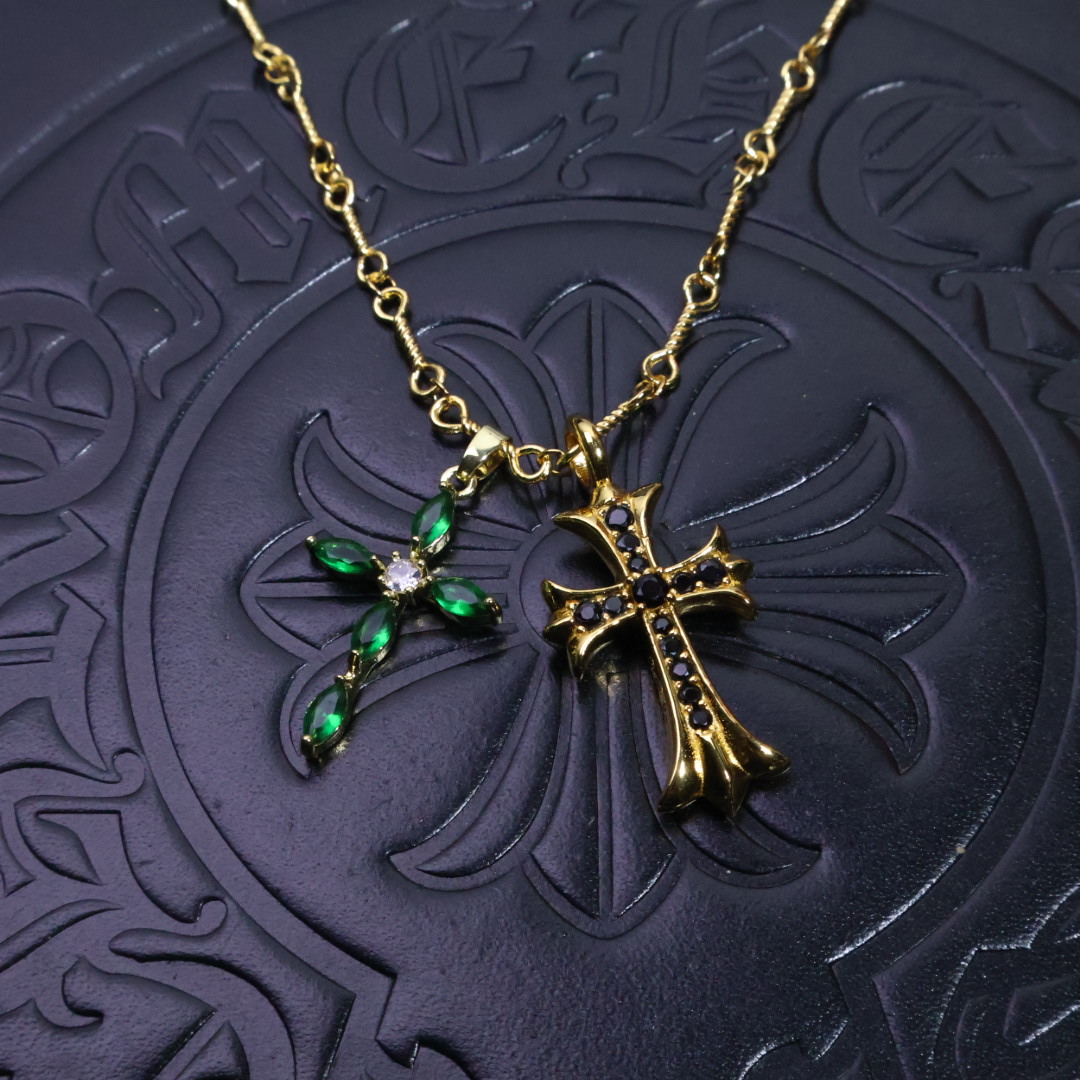 Chrome Hearts Double Cross Pendant Necklace - Gold - Tone Chain with Gem Inlays CH - DCPN139