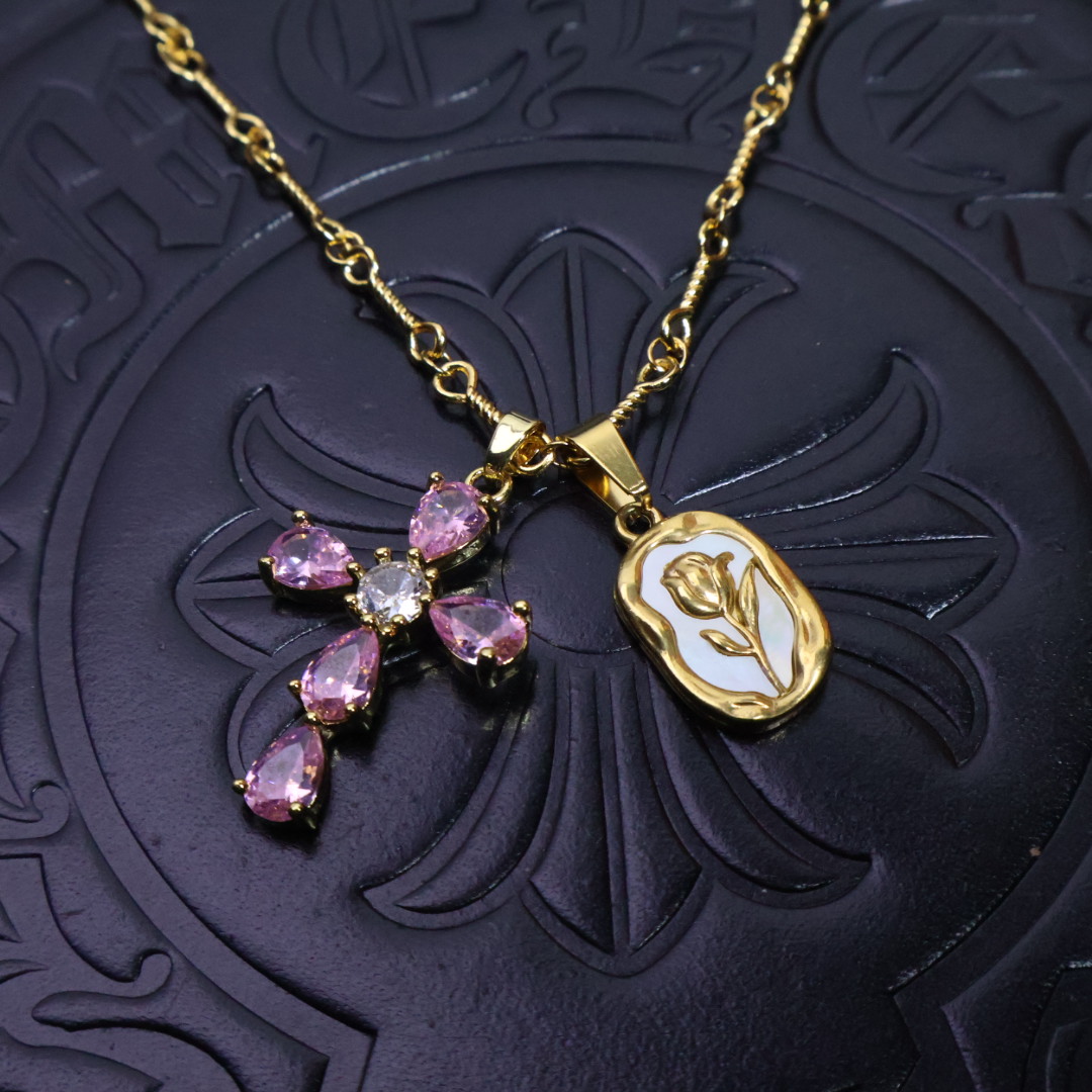 Chrome Hearts Cross & Rose - Engraved Pendant Necklace - Gold - Tone Chain with Gem & Enamel Inlays CH - CRPN137 Description