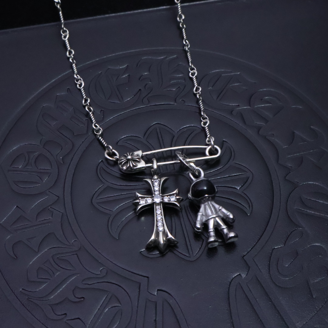 Chrome Hearts Safety Pin & Dual - Motif Pendant Necklace - Silver - Tone Chain with Diamond Inlay CH - SPDMPN129