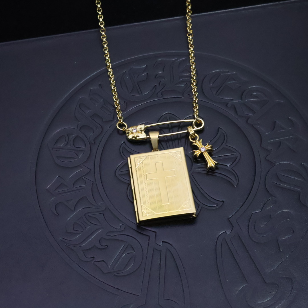 Chrome Hearts Safety Pin & Locket Pendant Necklace - Gold - Tone Chain with Diamond Inlay CH - SPLPN124