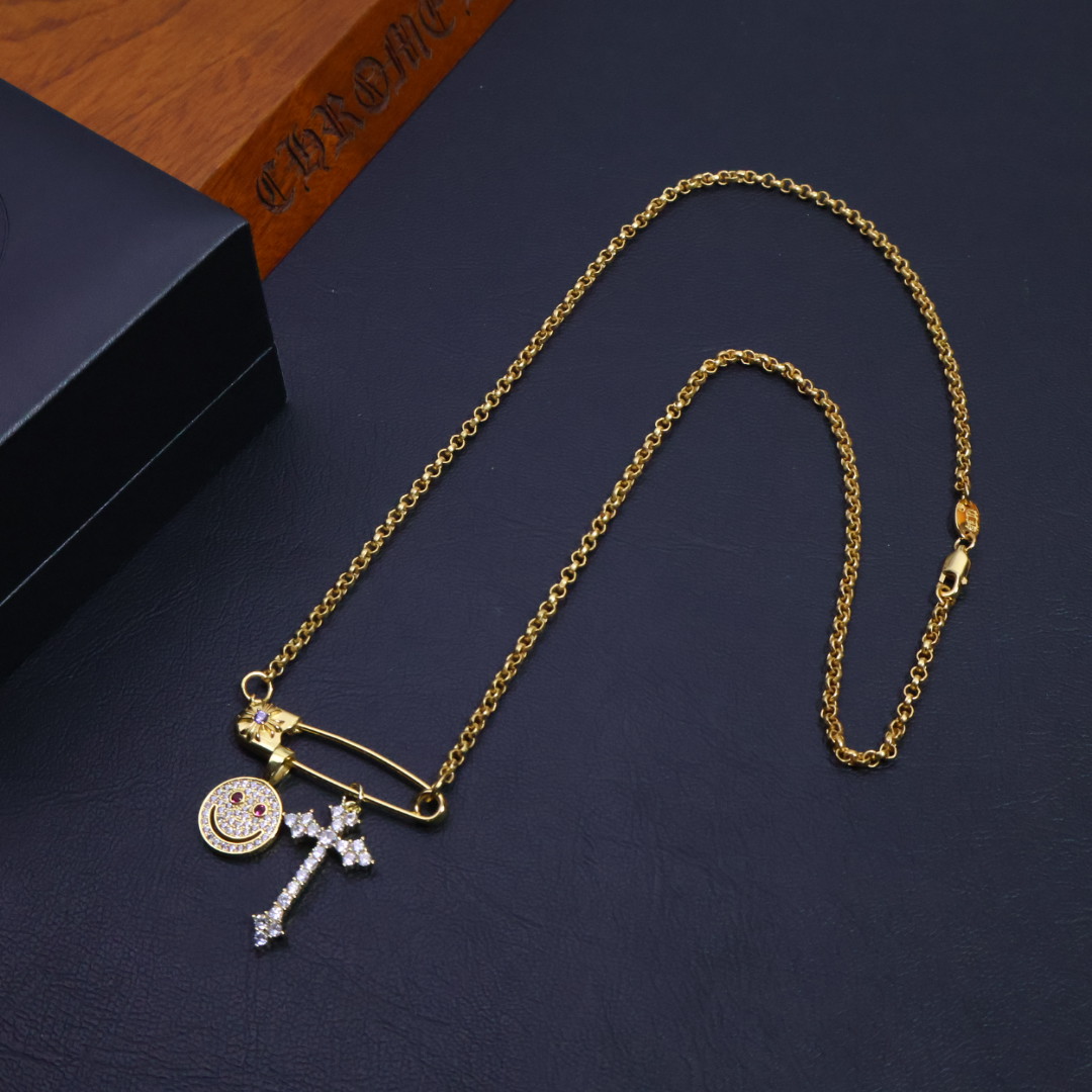Chrome Hearts Safety Pin & Dual - Charm Pendant Necklace - Gold - Tone Chain with Gem Inlays CH - SPDCP120