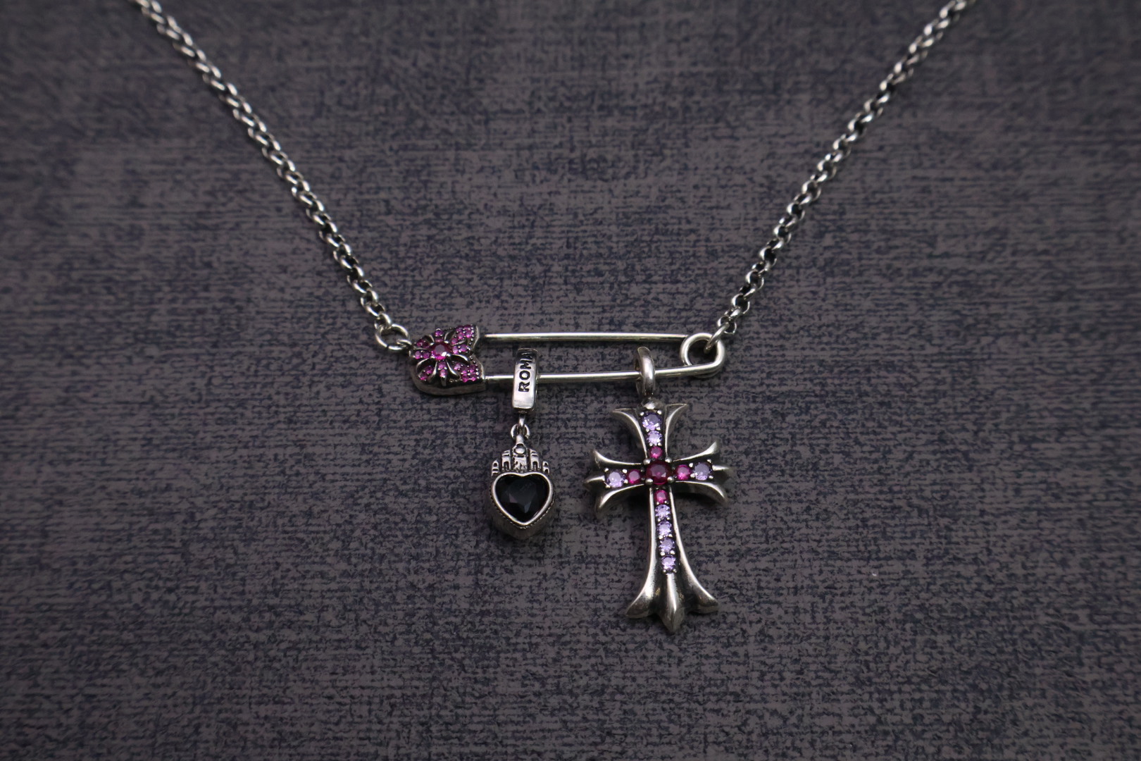 Chrome Hearts Multi - Charm Pendant Necklace - 925S Silver Chain with Colored Gem Inlays CH - MCPN114