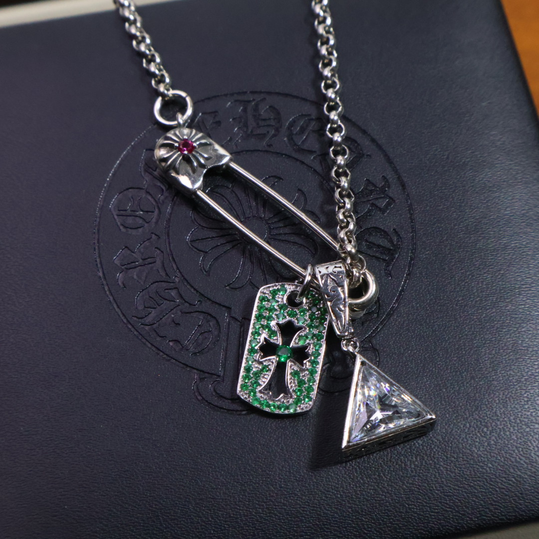Chrome Hearts Multi - Charm Pendant Necklace - 925S Silver Chain with Gem Inlays CH - MCPN111