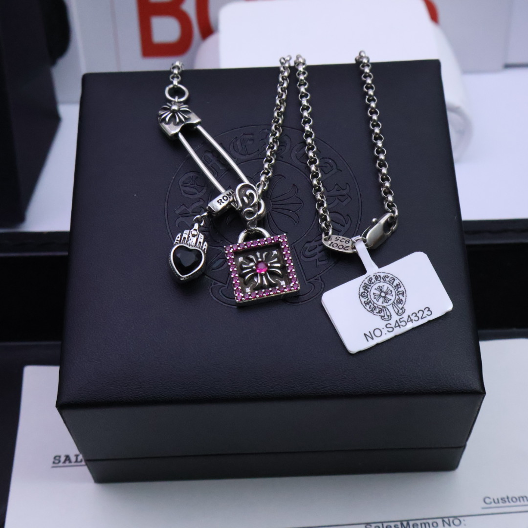 Chrome Hearts Multi - Charm Pendant Necklace - 925S Silver Chain with Gem Inlays CH - MCPN108
