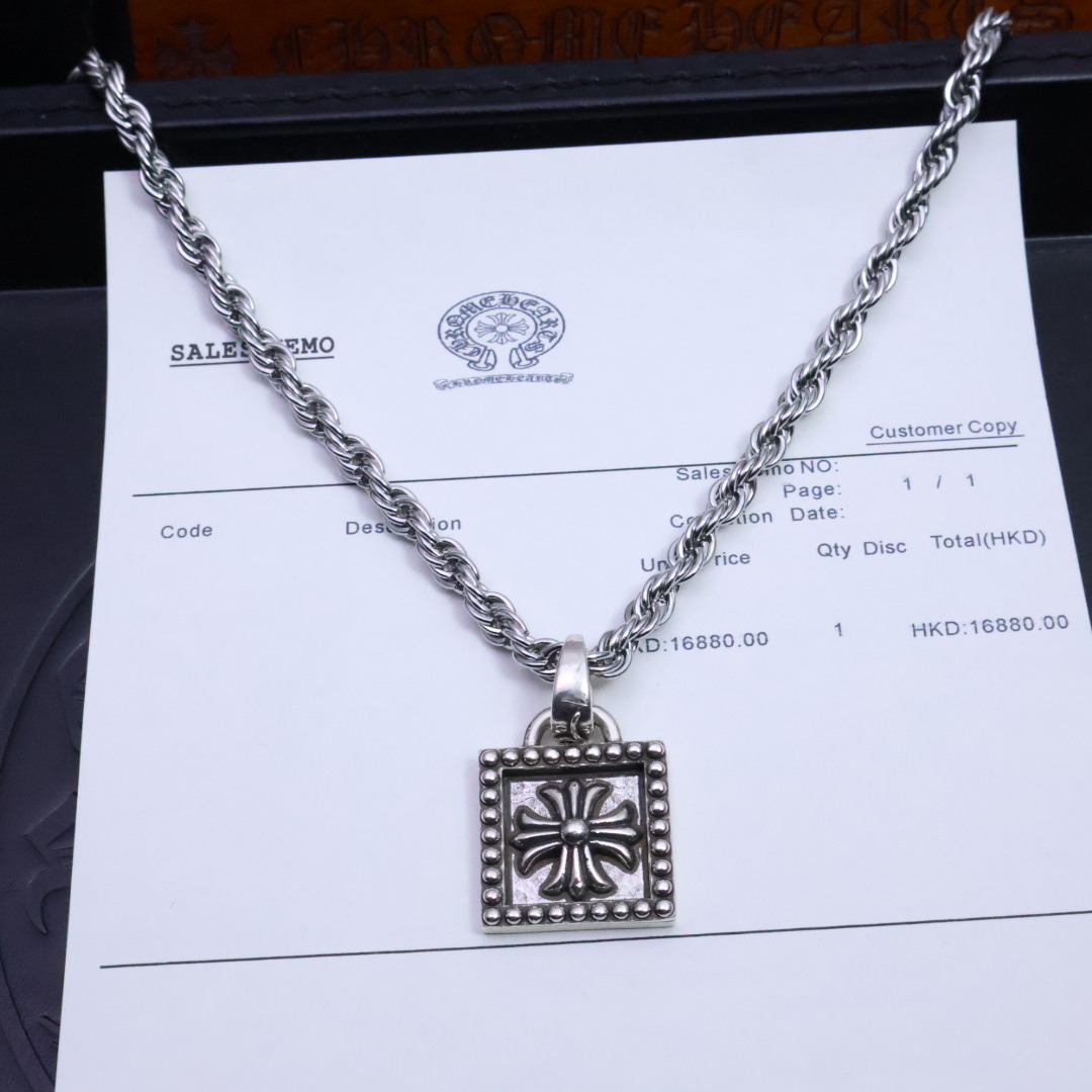 Chrome Hearts Lock - Shaped Cross Pendant Necklace - 925S Silver Rope Chain CH - LCP105