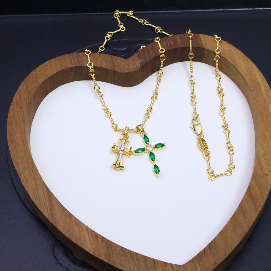 Chrome Hearts Double Cross Pendant Necklace - Gold - Tone Chain with Gem Inlays CH - DCPG101