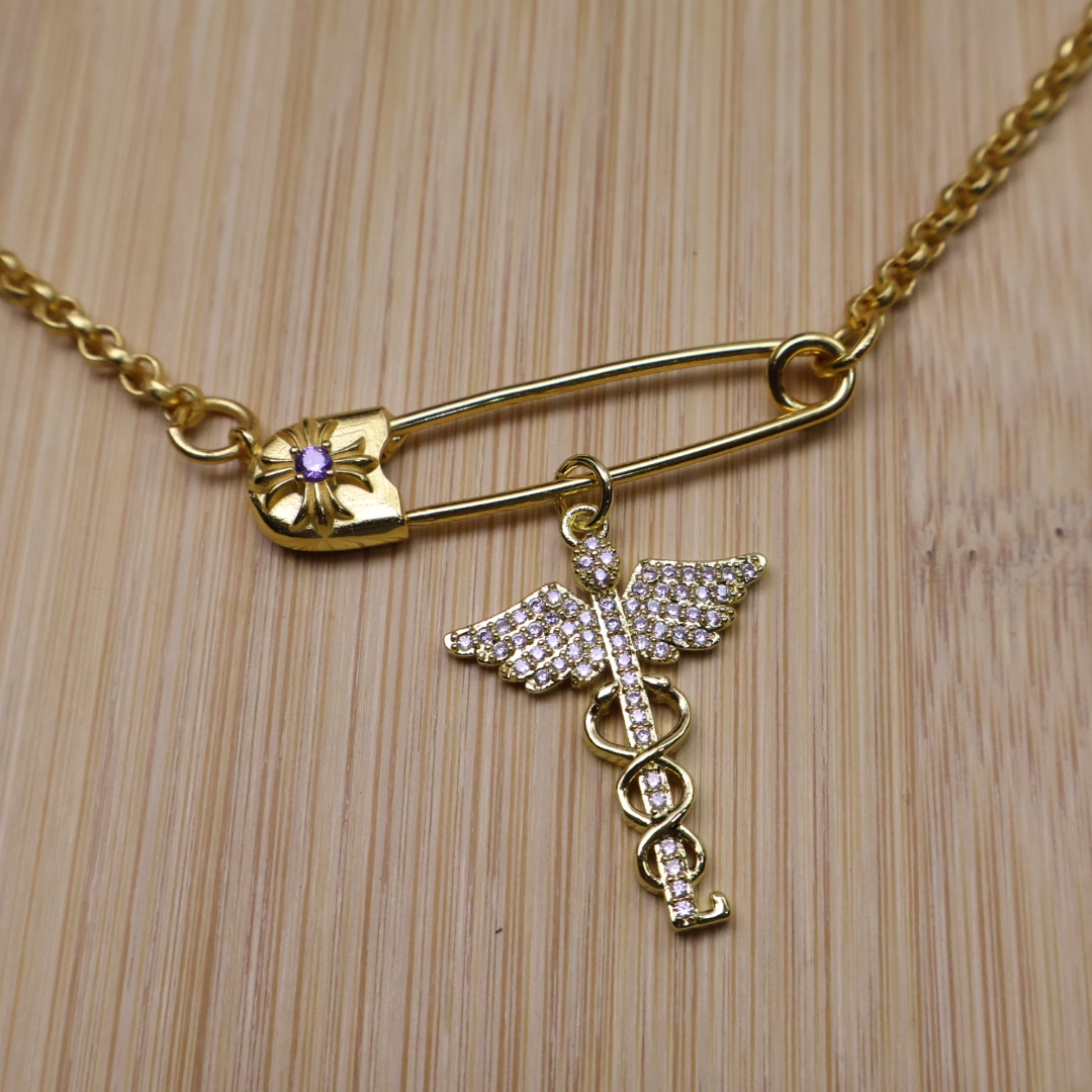 Chrome Hearts Safety Pin & Winged Cross Pendant Necklace - Gold - Tone Chain Jewelry with Gem Inlays CH - SPWCP95
