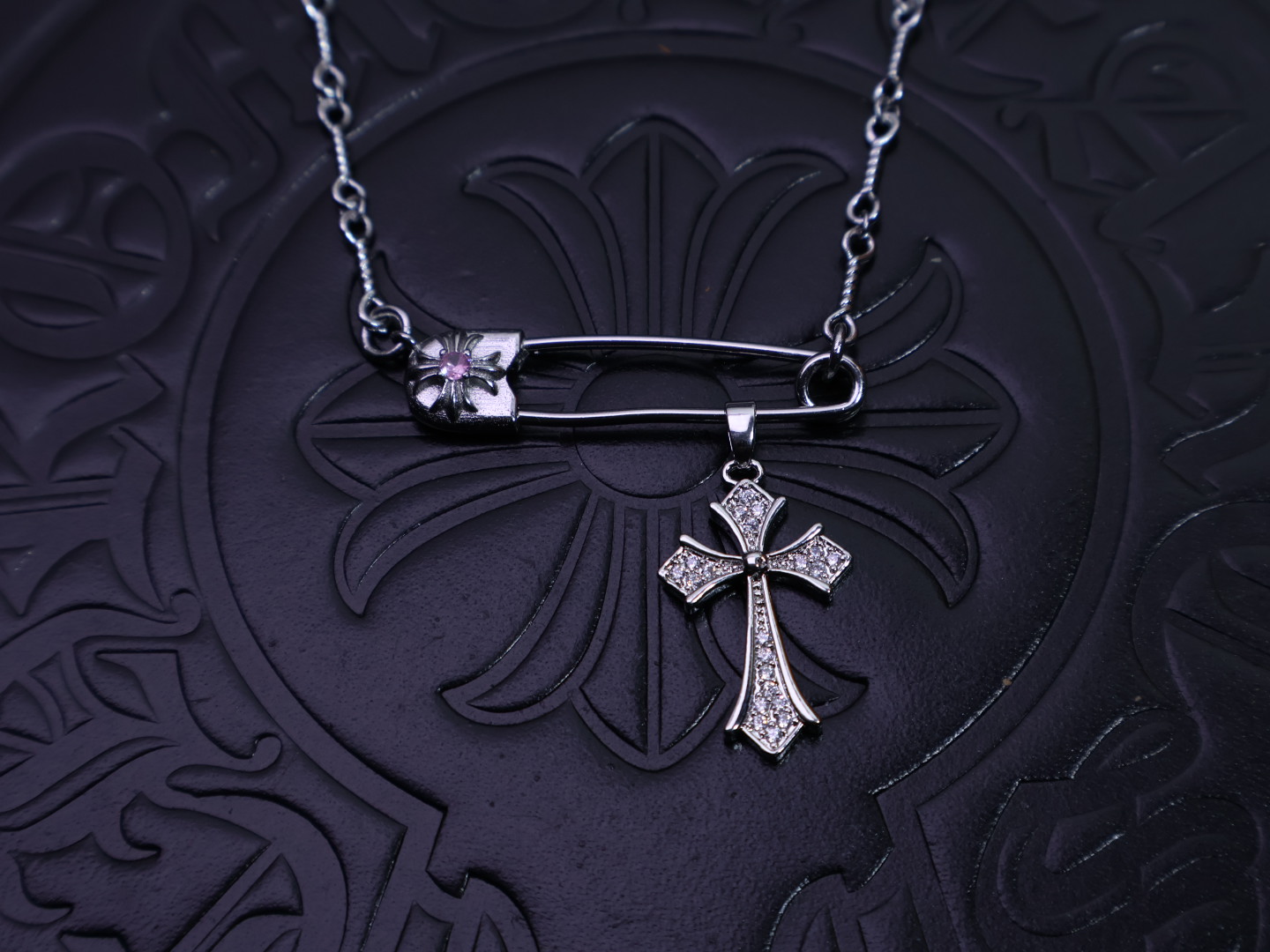 Chrome Hearts Safety Pin & Diamond Cross Pendant Necklace - 925S Silver Chain Jewelry CH - SPDCP94