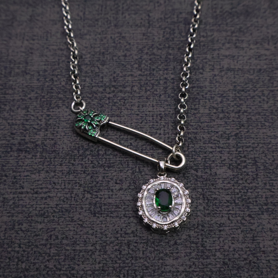 Chrome Hearts Safety Pin & Emerald - Diamond Locket Pendant Necklace - 925S Silver Chain Jewelry CH - SPEDLP90