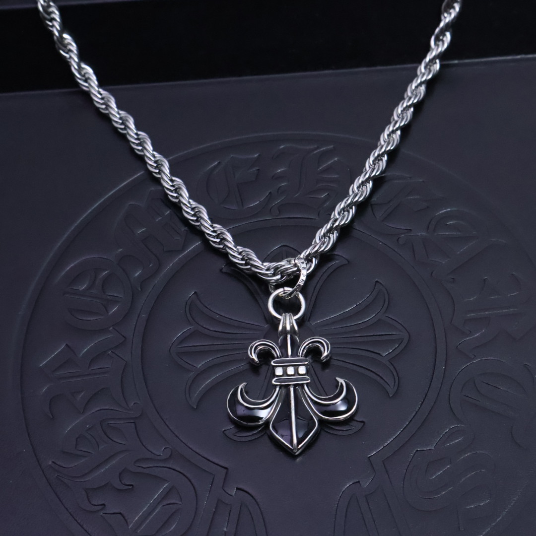 Chrome Hearts Enamel - Inlaid Fleur - de - Lis Pendant Necklace - 925S Silver Rope - Chain Jewelry CH - EIFP86