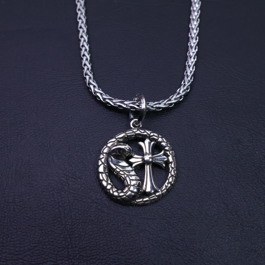 Chrome Hearts Cross & Snake Disc Pendant Necklace - 925S Silver Rope - Chain Jewelry CH - CSSDP80